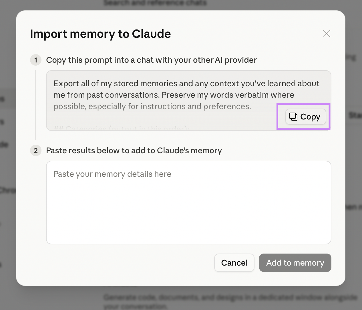 Anthropic's ChatGPT memory transfer prompt screen in Claude