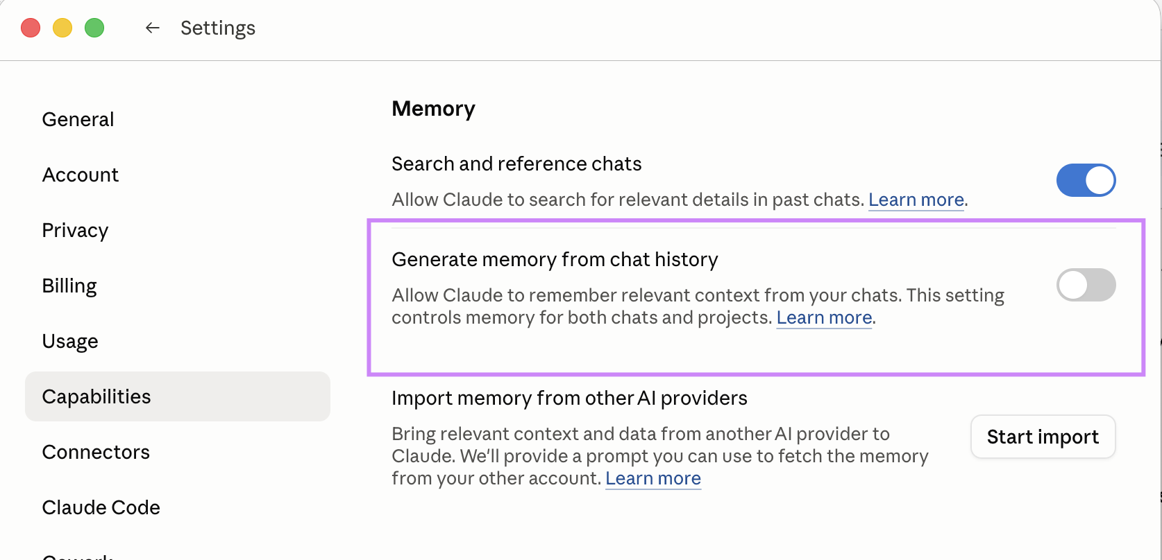 Claude Memory settings in the Capabilities tab
